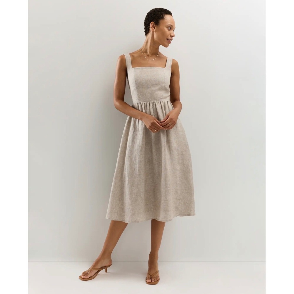 Quince European Linen Fit & Flare Midi Dress in Flax Tan Medium